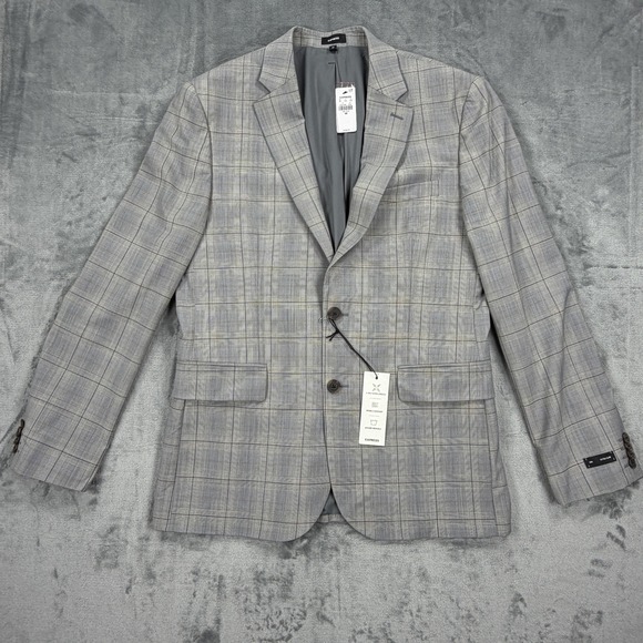 Express Other - Express Mens Blazer 40R Extra Slim Gray Plaid 4 Way Stretch Wool Sport Coat NWT